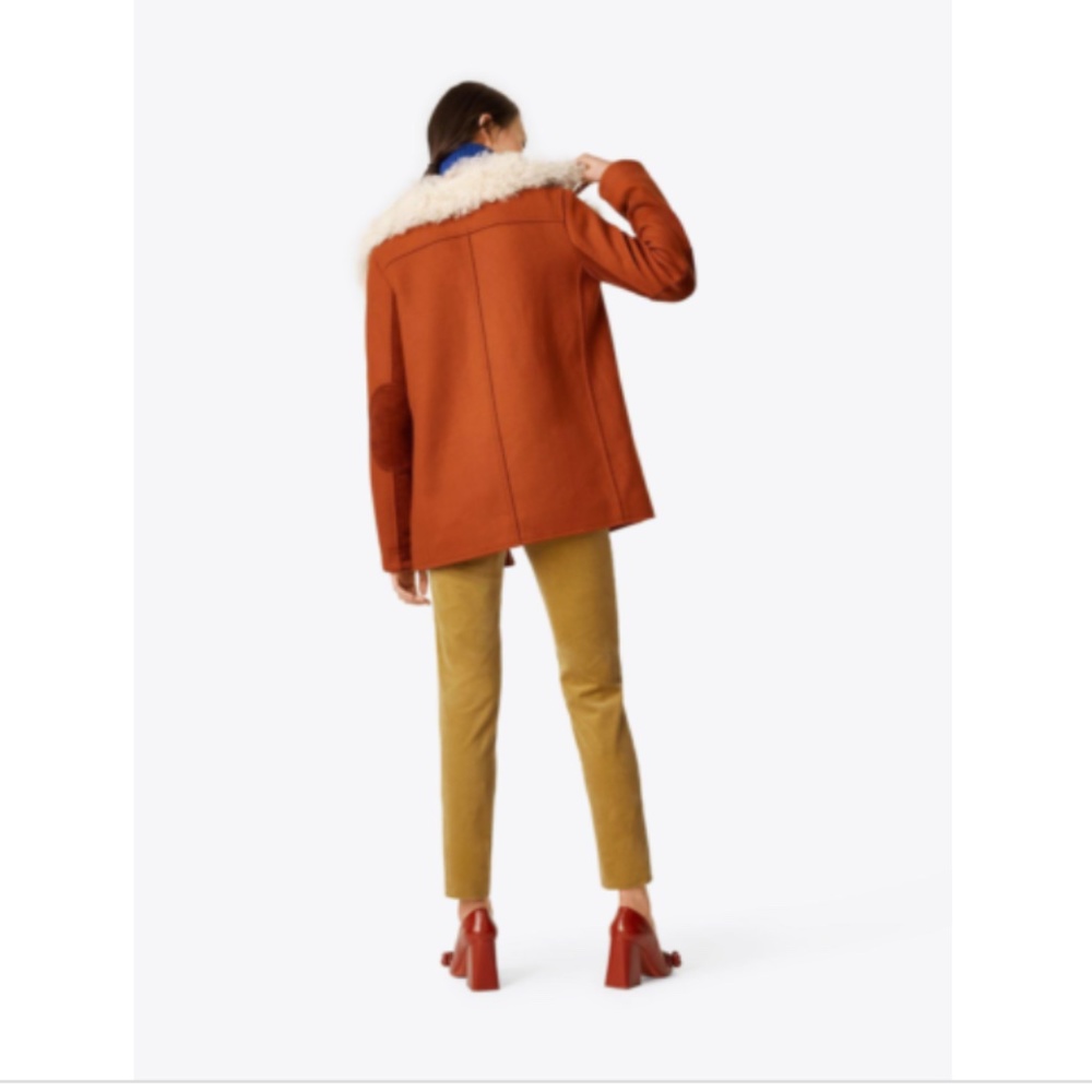 Tory Burch Lancaster Wool Fur Chevron Coat Orange - Picture 5 of 12